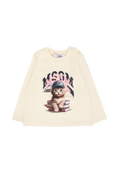 MSGM IVORY T-SHIRT FOR BABY GIRL WITH LOGO AND CAT