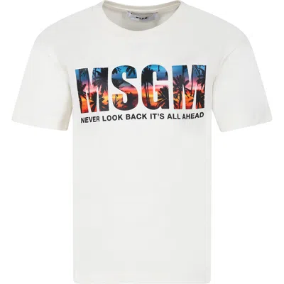Msgm Kids' Ivory T-shirt For Boy With Logo Et Palm Tree Print In Crema