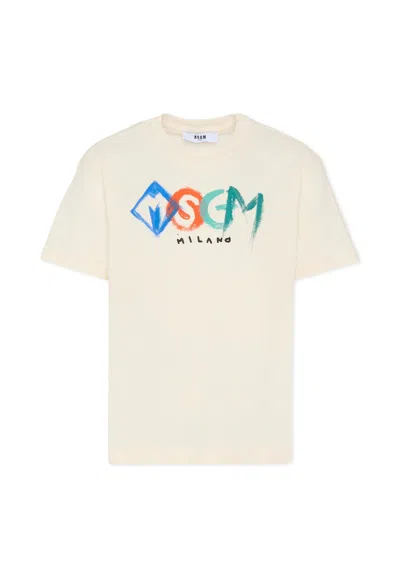 MSGM IVORY T-SHIRT FOR BOY WITH LOGO