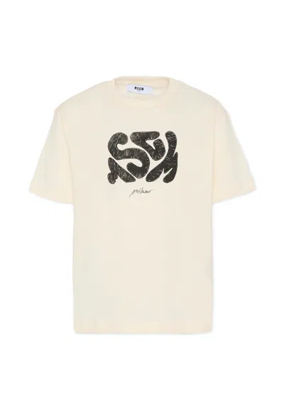 MSGM IVORY T-SHIRT FOR BOY WITH LOGO