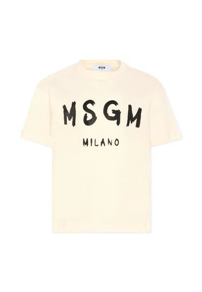 Msgm Ivory T-shirt For Kids With Black Logo In Neutral