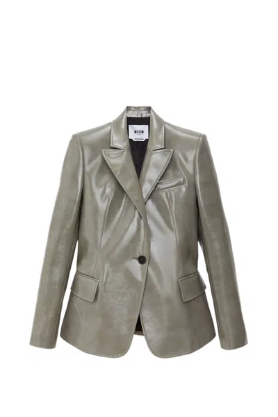 Msgm Faux-leather Blazer In Grey