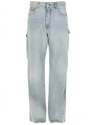 Msgm Logo Cotton Faded Straight-leg Pants In Blue