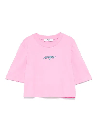Msgm Kids' Jersey Cropped T-shirt In Pink
