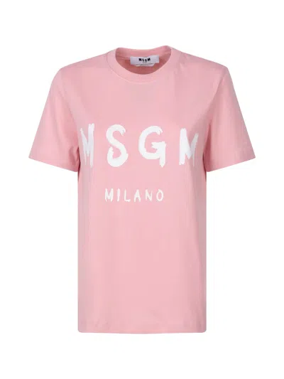 Msgm Jersey T-shirt With Brushstroke Printed Logo In Pink