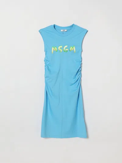 Msgm Kids Cotton Dress With Logo In Blue