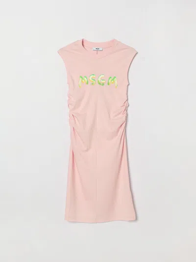 Msgm Kids Cotton Dress With Logo In Pink