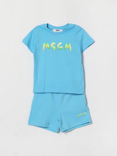 Msgm Babies'  Kids Cotton Set With Logo In Blue