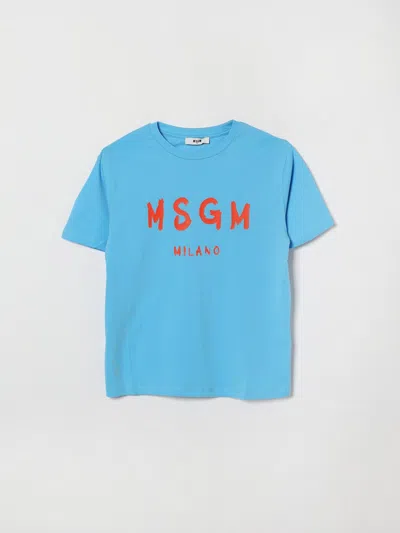 Msgm Babies'  Kids Cotton T-shirt With Logo In Blue