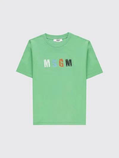 Msgm Kids Cotton T-shirt With Multicolor Logo In Green