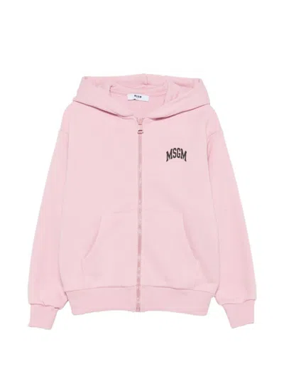 Msgm Kids Hooded Zip Sweatshirt With Logo Print In Pink