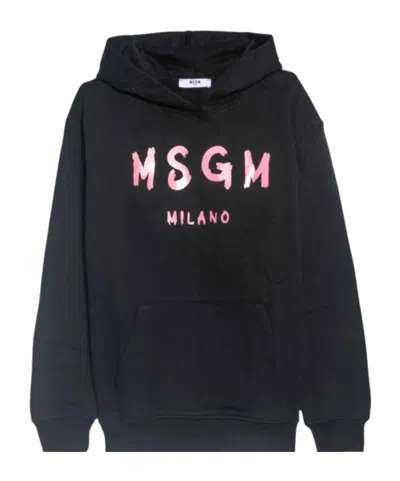 Msgm Kids Logo Printed Long-sleeved Hoodie In Black