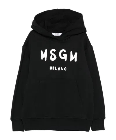 Msgm Kids Logo Printed Long-sleeved Hoodie In Black