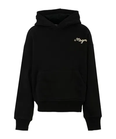 Msgm Kids Logo Printed Long-sleeved Hoodie In Black