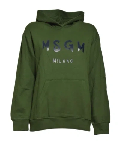 Msgm Kids Logo Printed Long-sleeved Hoodie In Green