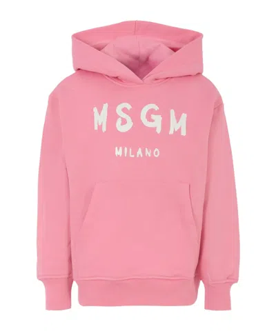 Msgm Kids Logo Printed Long-sleeved Hoodie In Pink