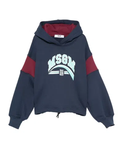 Msgm Kids Logo-print Drawstring Hem Hoodie In Blue