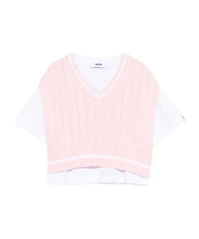 Msgm Kids V-neck Cable-knit T-shirt In Pink