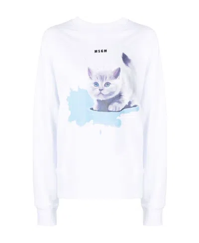 Msgm Kitten Print Round-neck Sweater In White
