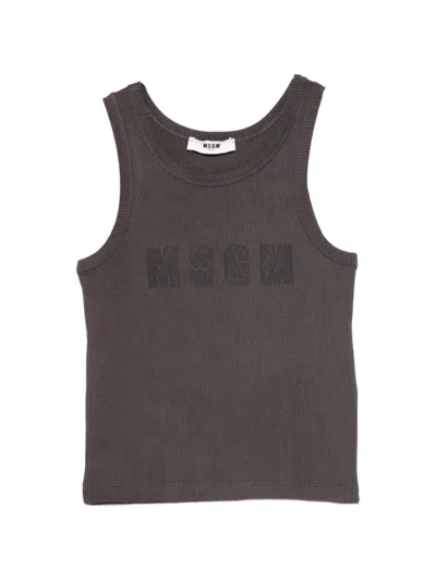 Msgm Kids' Knit Tank Top With Logo In Brown