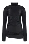 Msgm Glittery Gathered High-neck Metallic T-shirt In Black
