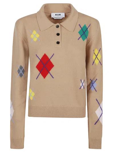 Msgm Knitted Polo Shirt In Sand