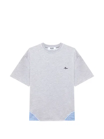 Msgm Lace-trim Logo-embroidered T-shirt In Grey