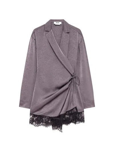Msgm Lace-trim Wrap Mini Dress In Gray