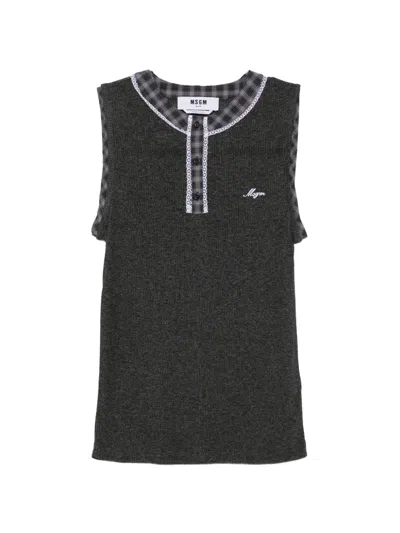 Msgm Lace-trimmed Ribbed Tank Top In Gray