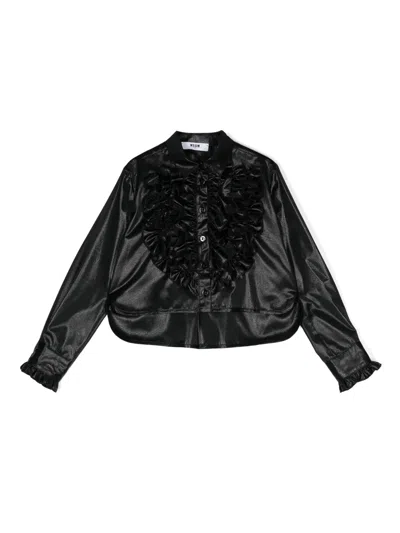 Msgm Kids' Lamé Ruffled Shirt In Schwarz