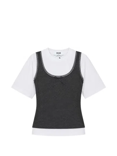 Msgm Layered Lace-trim T-shirt In Gray