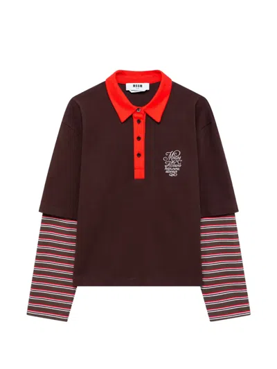 Msgm Layered-sleeve Logo-embroidered Polo Shirt In Brown