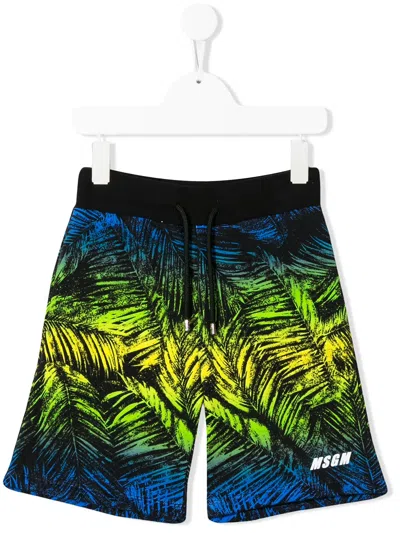 Msgm Kids' Leaf Print Track Shorts In Black