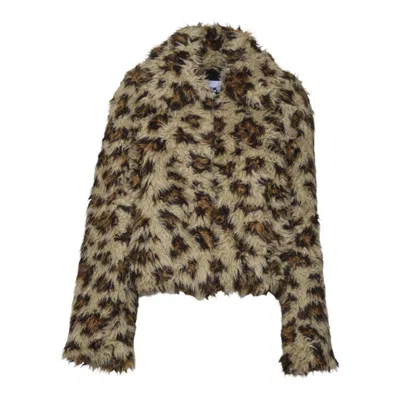 MSGM LEOPARD PRINT FAUX FUR COAT WITH WIDE COLLAR