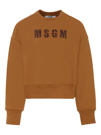 Msgm Kids' Leopard-print Logo Sweatshirt In Brown