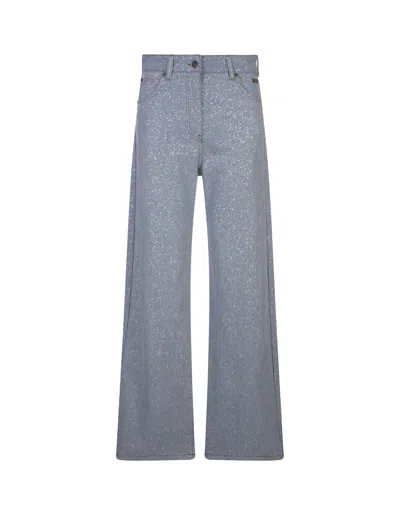 Msgm Light Blue Baggy Jeans With Silver Glitter In Light Blue+silver