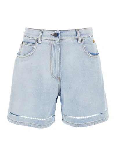 MSGM LIGHT BLUE BERMUDA SHORTS WITH POCKET LOGO AND PERFORATED DETAILS IN DENIM WOMAN