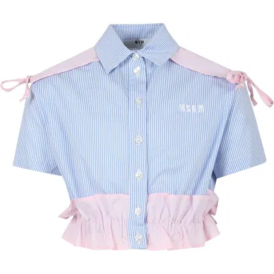 Msgm Kids' Light Blue Crop Shirt For Girl With Logo In Multicolor