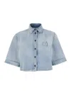 Msgm Light Blue Crop Shirt With Logo On The Front And Perforated Details In Blue