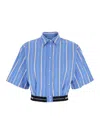 Msgm Collared Neck Cropped Top With Striped Pattern In Light Blue