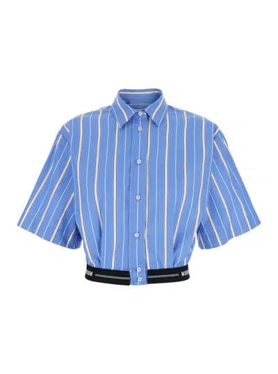 MSGM LIGHT BLUE CROP SHIRT WITH STRIPED MOTIF AND BAND WITH LOGO IN COTTON WOMAN