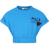 MSGM LIGHT BLUE CROP T-SHIRT FOR GIRL WITH LOGO AND LADYBUG