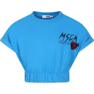 Msgm Kids' Light Blue Crop T-shirt For Girl With Logo And Ladybug