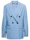 Msgm Light Blue Double-breasted Jacket With Buttoned Sleeves In Stretch Wool Woman In Light Blue