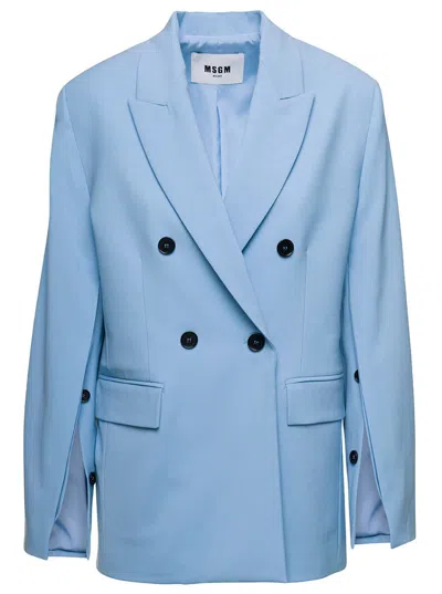 MSGM LIGHT BLUE DOUBLE-BREASTED JACKET WITH BUTTONED SLEEVES IN STRETCH WOOL WOMAN