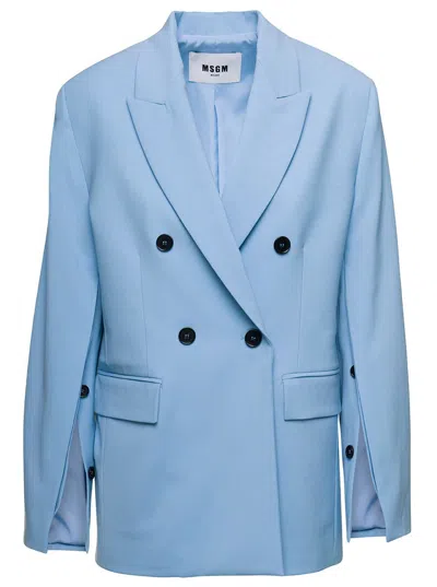 Msgm Light Blue Double-breasted Jacket With Buttoned Sleeves In Stretch Wool Woman
