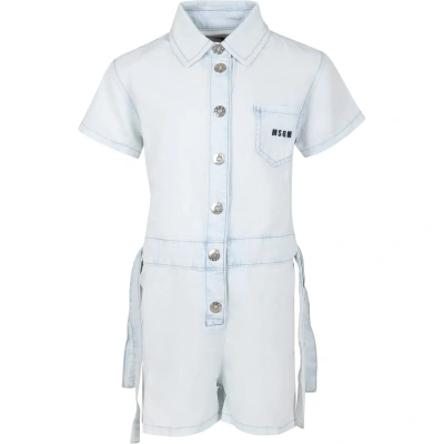 Msgm Kids' Light Blue Jumpsuit For Girl With Logo In Denim