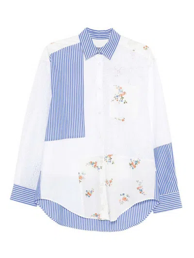 Msgm Light Blue Patchwork Poplin Shirt In White
