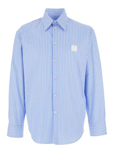 MSGM LIGHT BLUE SHIRT WITH ALL-OVER STRIPED MOTIF AND LOGO ON THE FRONT