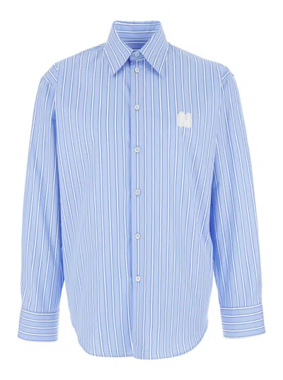 MSGM LIGHT BLUE SHIRT WITH ALL-OVER STRIPED MOTIF AND LOGO ON THE FRONT IN COTTON MAN